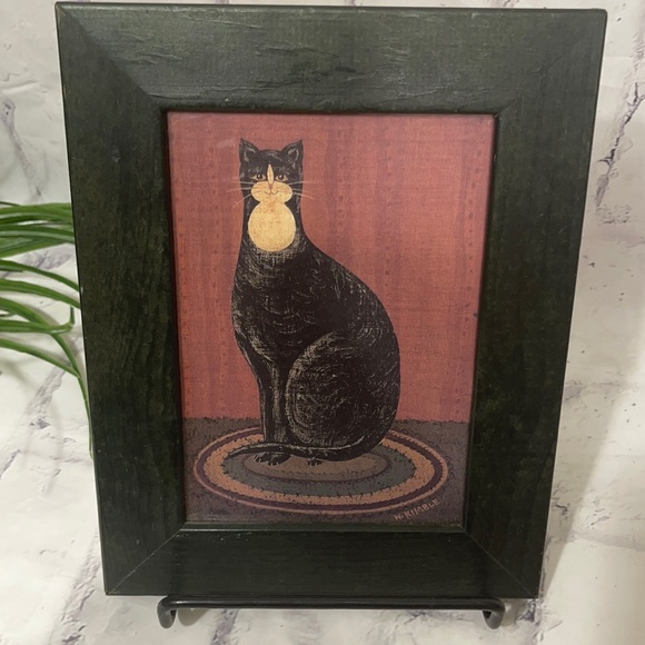 Warren Kimble Other - Vintage Warren Kimble 5x7 Framed Black Cat Sitting on Oval Rug Print